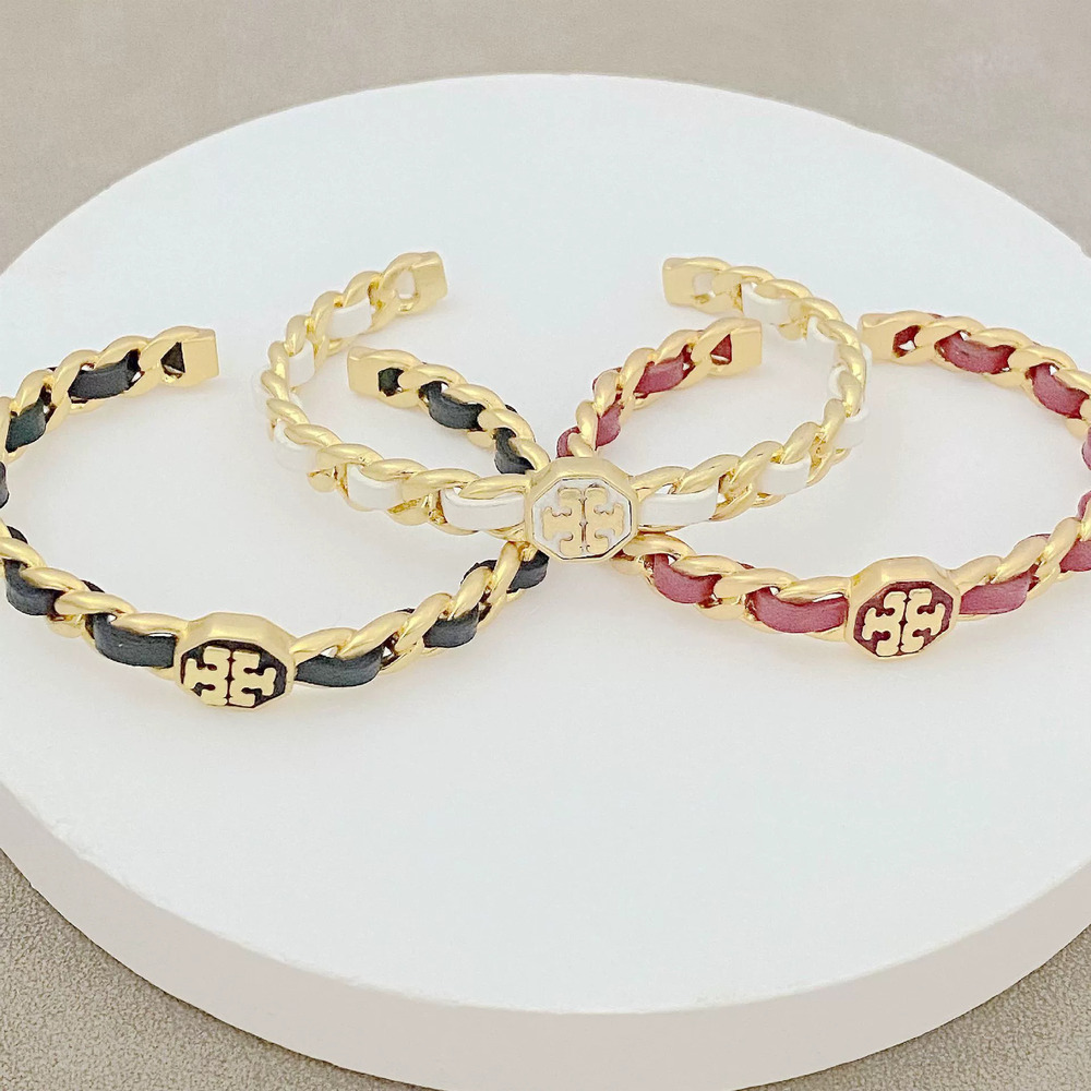 Tory Burch Leather Braided Chain Open Cuff Bracelet